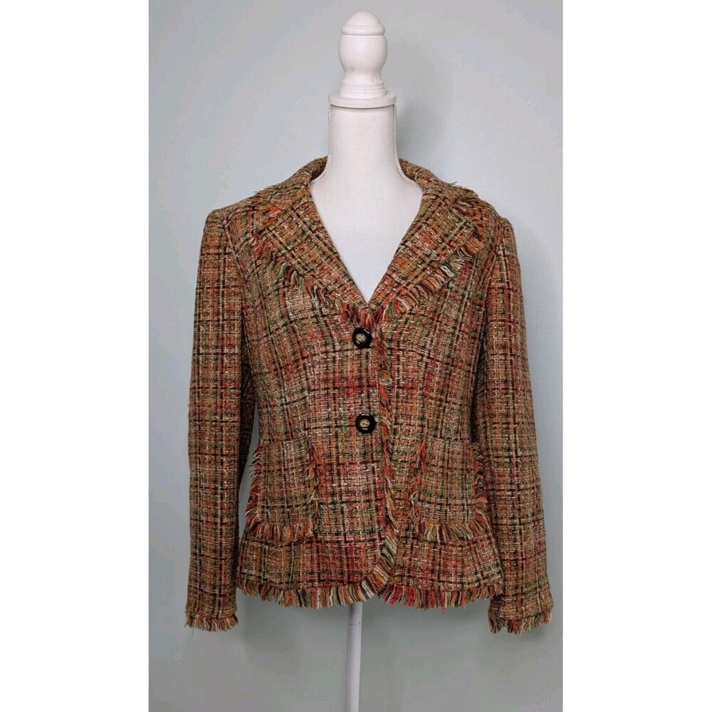Women’s Tweed Fringe Blazer Jacket Size12 Multicolor Boucle Textured Career Chic
